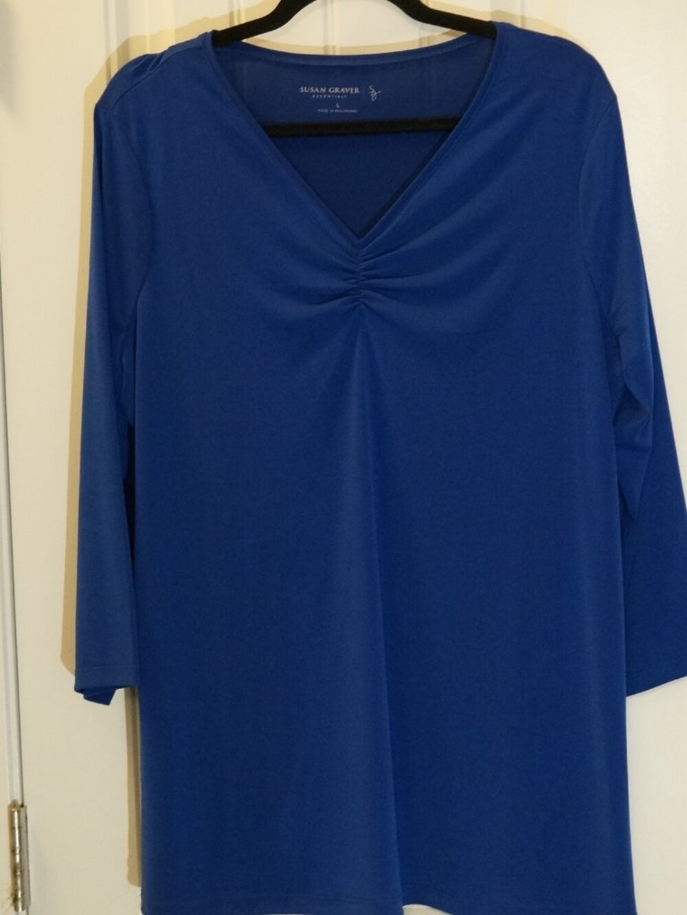 Susan Graver Liquid Knit 3/4 Sleeve V-Neckline Tunic with Shirring Size L